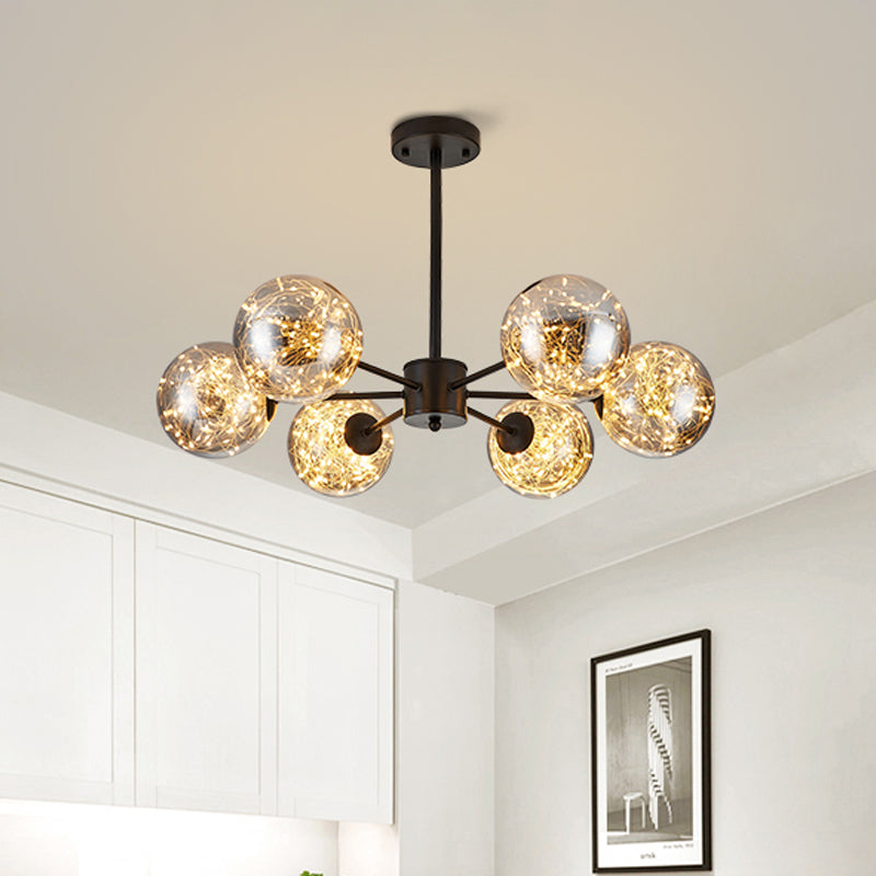 Global Pendant Chandelier Modernist Smoke Grey Glass LED Black Suspension Light with Inner Glowing String 6 Black Clearhalo 'Ceiling Lights' 'Chandeliers' 'Modern Chandeliers' 'Modern' Lighting' 2025850