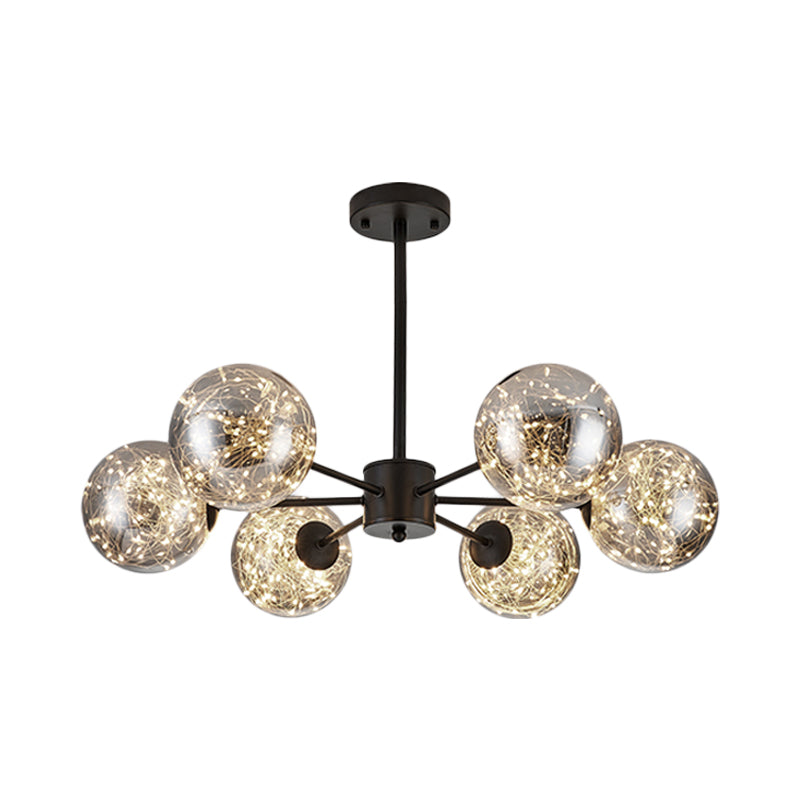 Global Pendant Chandelier Modernist Smoke Grey Glass LED Black Suspension Light with Inner Glowing String Clearhalo 'Ceiling Lights' 'Chandeliers' 'Modern Chandeliers' 'Modern' Lighting' 2025851