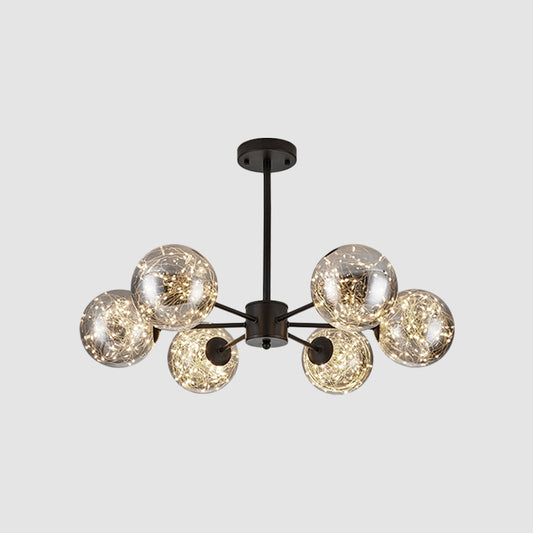 Global Pendant Chandelier Modernist Smoke Grey Glass LED Black Suspension Light with Inner Glowing String Clearhalo 'Ceiling Lights' 'Chandeliers' 'Modern Chandeliers' 'Modern' Lighting' 2025852