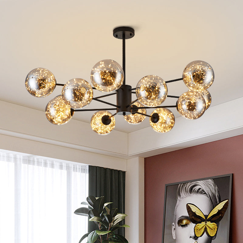 Global Pendant Chandelier Modernist Smoke Grey Glass LED Black Suspension Light with Inner Glowing String 12 Black Clearhalo 'Ceiling Lights' 'Chandeliers' 'Modern Chandeliers' 'Modern' Lighting' 2025854