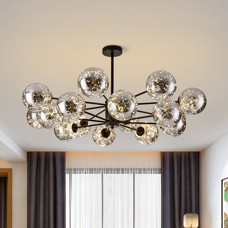 Global Pendant Chandelier Modernist Smoke Grey Glass LED Black Suspension Light with Inner Glowing String 16 Black Clearhalo 'Ceiling Lights' 'Chandeliers' 'Modern Chandeliers' 'Modern' Lighting' 2025859