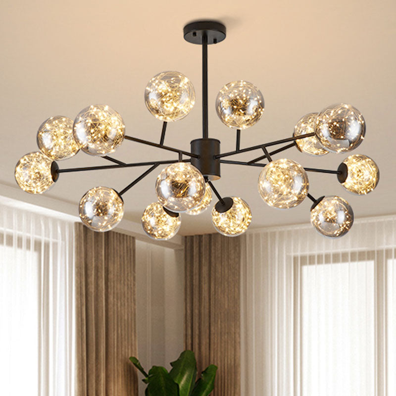Minimalist Ball Chandelier Lighting Cognac Glass Starry LED Bedroom Hanging Pendant Light Black Clearhalo 'Ceiling Lights' 'Chandeliers' 'Modern Chandeliers' 'Modern' Lighting' 2025901