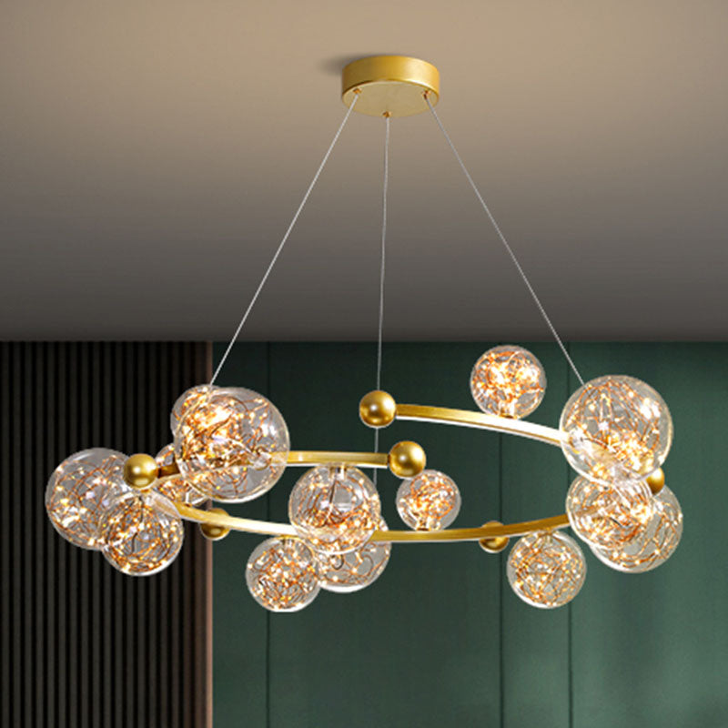 Clear Glass Orb Chandelier Lamp Contemporary LED Down Lighting with Glowing String 15 Gold Clearhalo 'Ceiling Lights' 'Chandeliers' 'Glass shade' 'Glass' 'Modern Chandeliers' 'Modern' Lighting' 2025910