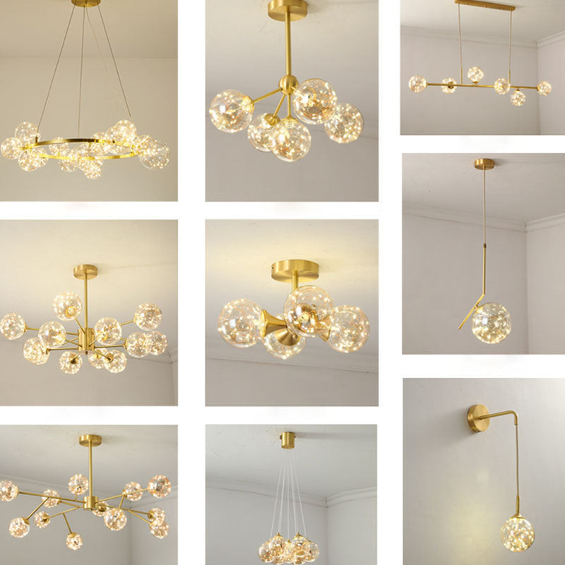 Orb Bedroom Hanging Chandelier Clear Glass Starry LED Modern Ceiling Suspension Lamp in Gold Clearhalo 'Ceiling Lights' 'Chandeliers' 'Glass shade' 'Glass' 'Modern Chandeliers' 'Modern' Lighting' 2025922