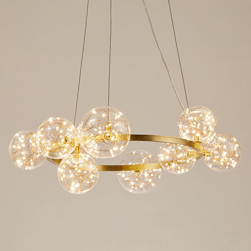 Orb Bedroom Hanging Chandelier Clear Glass Starry LED Modern Ceiling Suspension Lamp in Gold Clearhalo 'Ceiling Lights' 'Chandeliers' 'Glass shade' 'Glass' 'Modern Chandeliers' 'Modern' Lighting' 2025923