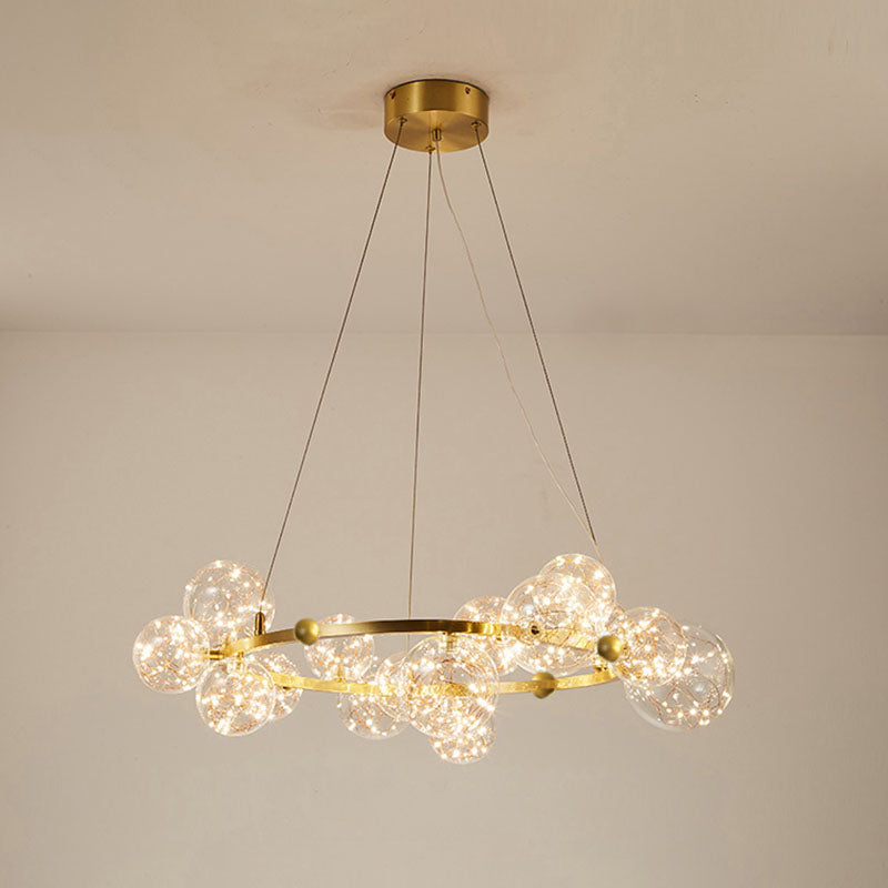 Orb Bedroom Hanging Chandelier Clear Glass Starry LED Modern Ceiling Suspension Lamp in Gold 12 Gold Clearhalo 'Ceiling Lights' 'Chandeliers' 'Glass shade' 'Glass' 'Modern Chandeliers' 'Modern' Lighting' 2025924