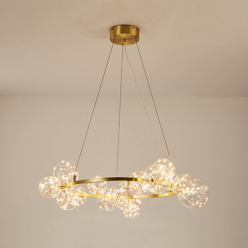 Orb Bedroom Hanging Chandelier Clear Glass Starry LED Modern Ceiling Suspension Lamp in Gold 15 Gold Clearhalo 'Ceiling Lights' 'Chandeliers' 'Glass shade' 'Glass' 'Modern Chandeliers' 'Modern' Lighting' 2025926