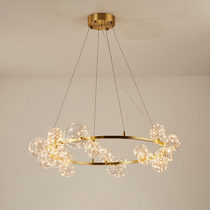 Orb Bedroom Hanging Chandelier Clear Glass Starry LED Modern Ceiling Suspension Lamp in Gold 20 Gold Clearhalo 'Ceiling Lights' 'Chandeliers' 'Glass shade' 'Glass' 'Modern Chandeliers' 'Modern' Lighting' 2025927