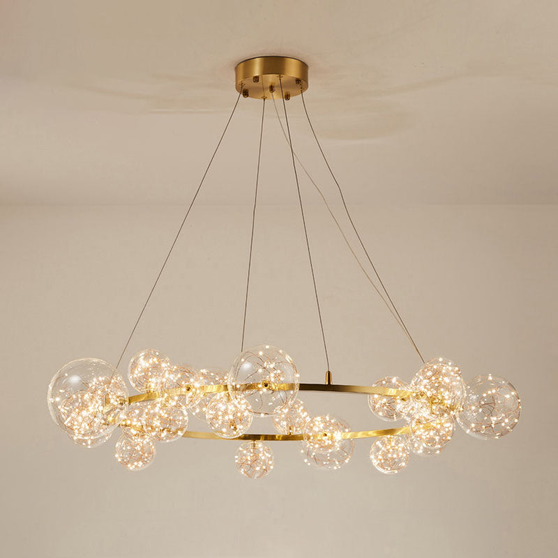 Orb Bedroom Hanging Chandelier Clear Glass Starry LED Modern Ceiling Suspension Lamp in Gold 24 Gold Clearhalo 'Ceiling Lights' 'Chandeliers' 'Glass shade' 'Glass' 'Modern Chandeliers' 'Modern' Lighting' 2025928