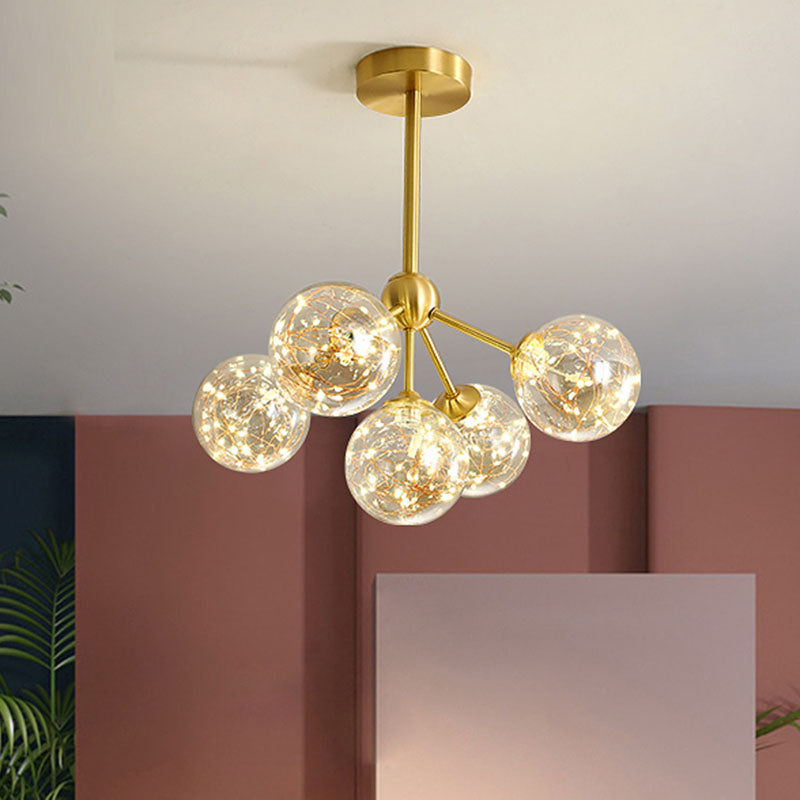 Simple LED Pendant Chandelier Brass Sphere Starry Hanging Lighting with Glass Shade 5 Cognac Clearhalo 'Ceiling Lights' 'Chandeliers' 'Modern Chandeliers' 'Modern' Lighting' 2025978