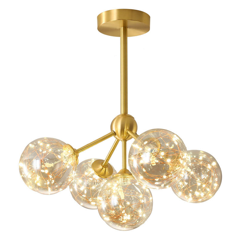 Simple LED Pendant Chandelier Brass Sphere Starry Hanging Lighting with Glass Shade Clearhalo 'Ceiling Lights' 'Chandeliers' 'Modern Chandeliers' 'Modern' Lighting' 2025979