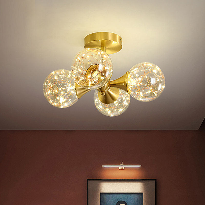 Simple LED Pendant Chandelier Brass Sphere Starry Hanging Lighting with Glass Shade 4 Cognac Clearhalo 'Ceiling Lights' 'Chandeliers' 'Modern Chandeliers' 'Modern' Lighting' 2025981