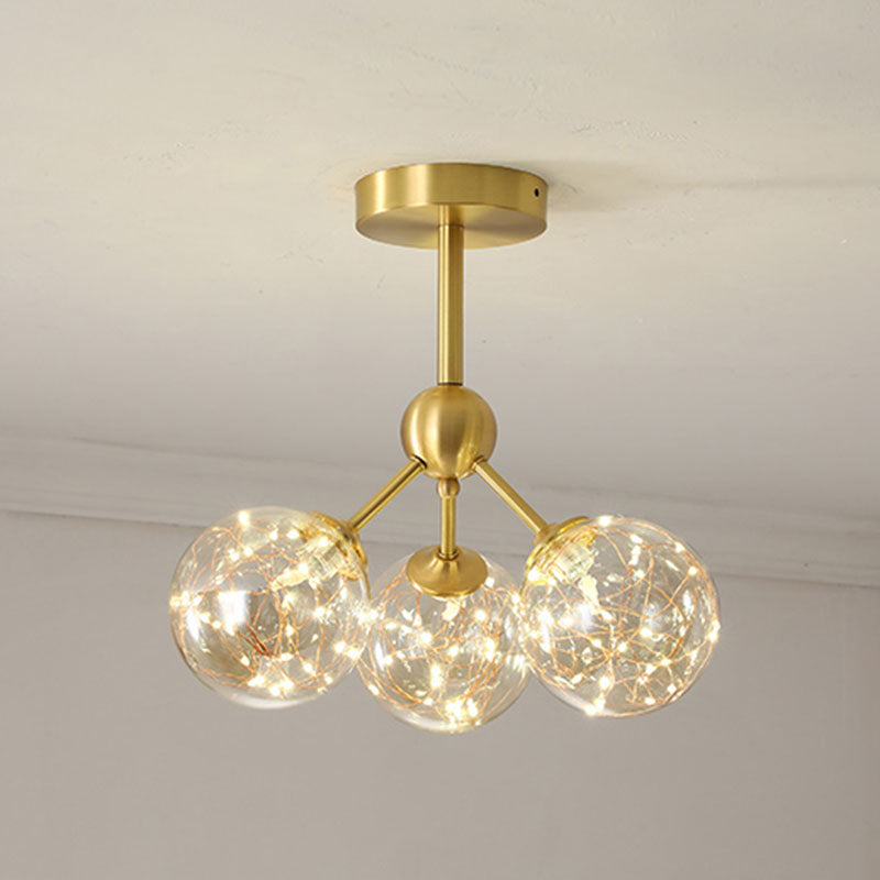 Simple LED Pendant Chandelier Brass Sphere Starry Hanging Lighting with Glass Shade 3 Cognac Clearhalo 'Ceiling Lights' 'Chandeliers' 'Modern Chandeliers' 'Modern' Lighting' 2025983