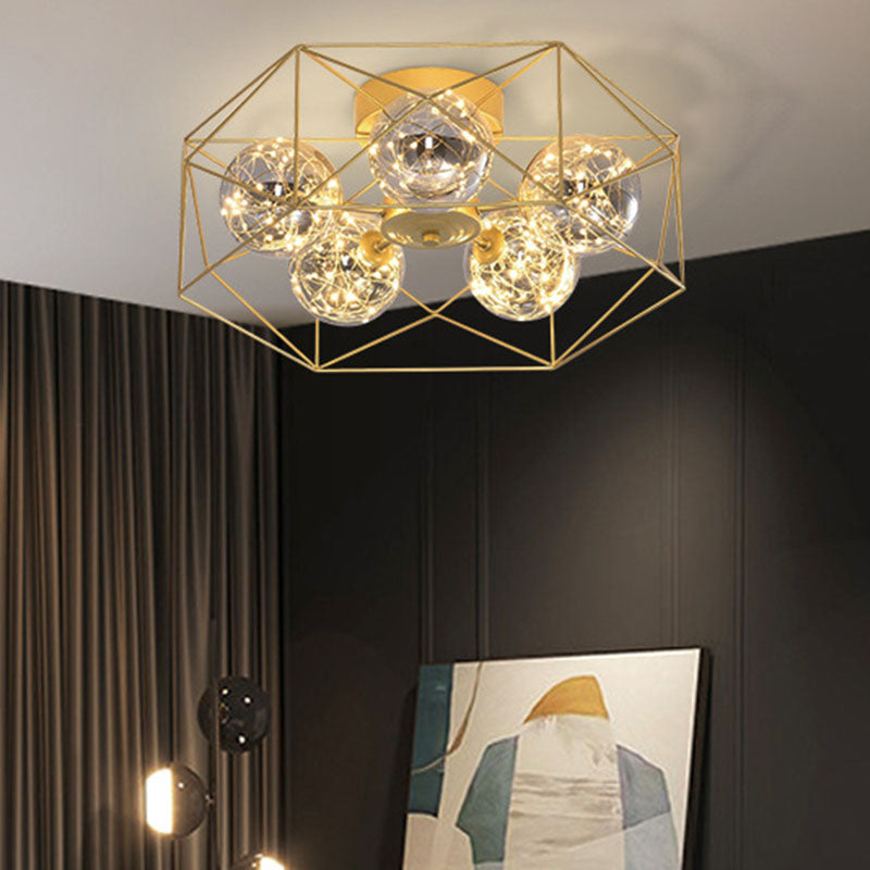 Smoke Grey Glass Orb Ceiling Fixture Simple 5 Heads Gold Semi Mount Lighting with Metal Hexagonal Cage Gold Clearhalo 'Ceiling Lights' 'Close To Ceiling Lights' 'Close to ceiling' 'Semi-flushmount' Lighting' 2026097