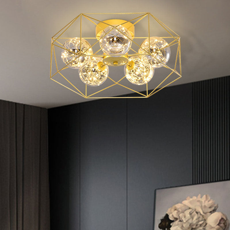 Smoke Grey Glass Orb Ceiling Fixture Simple 5 Heads Gold Semi Mount Lighting with Metal Hexagonal Cage Clearhalo 'Ceiling Lights' 'Close To Ceiling Lights' 'Close to ceiling' 'Semi-flushmount' Lighting' 2026098