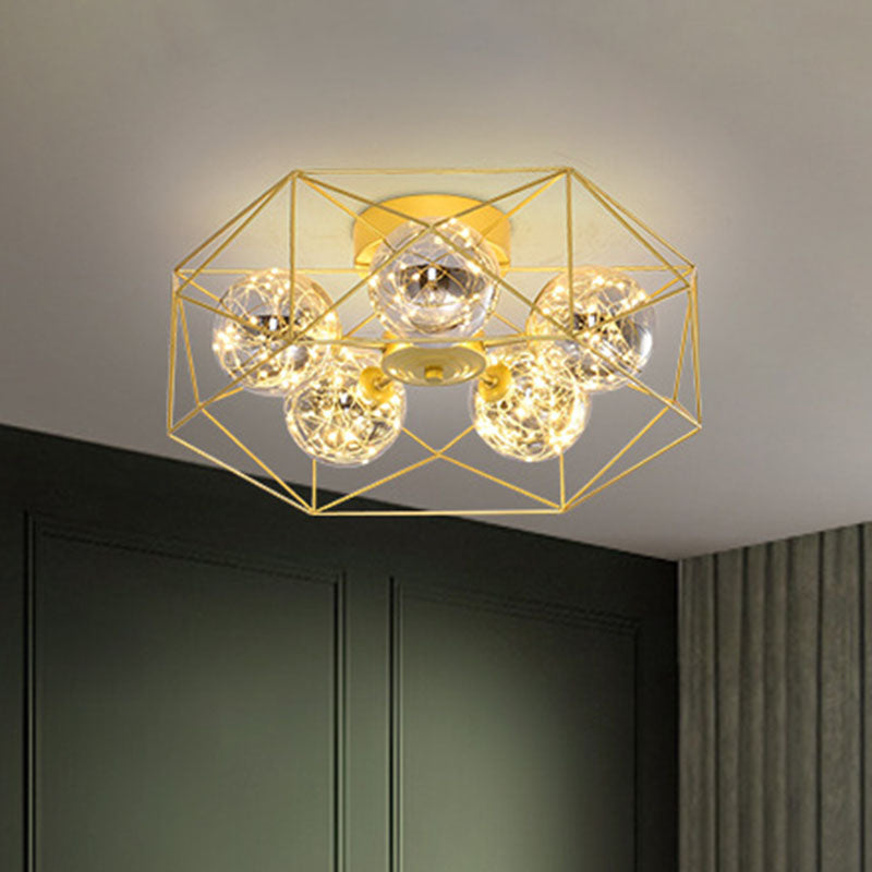 Smoke Grey Glass Orb Ceiling Fixture Simple 5 Heads Gold Semi Mount Lighting with Metal Hexagonal Cage Clearhalo 'Ceiling Lights' 'Close To Ceiling Lights' 'Close to ceiling' 'Semi-flushmount' Lighting' 2026099