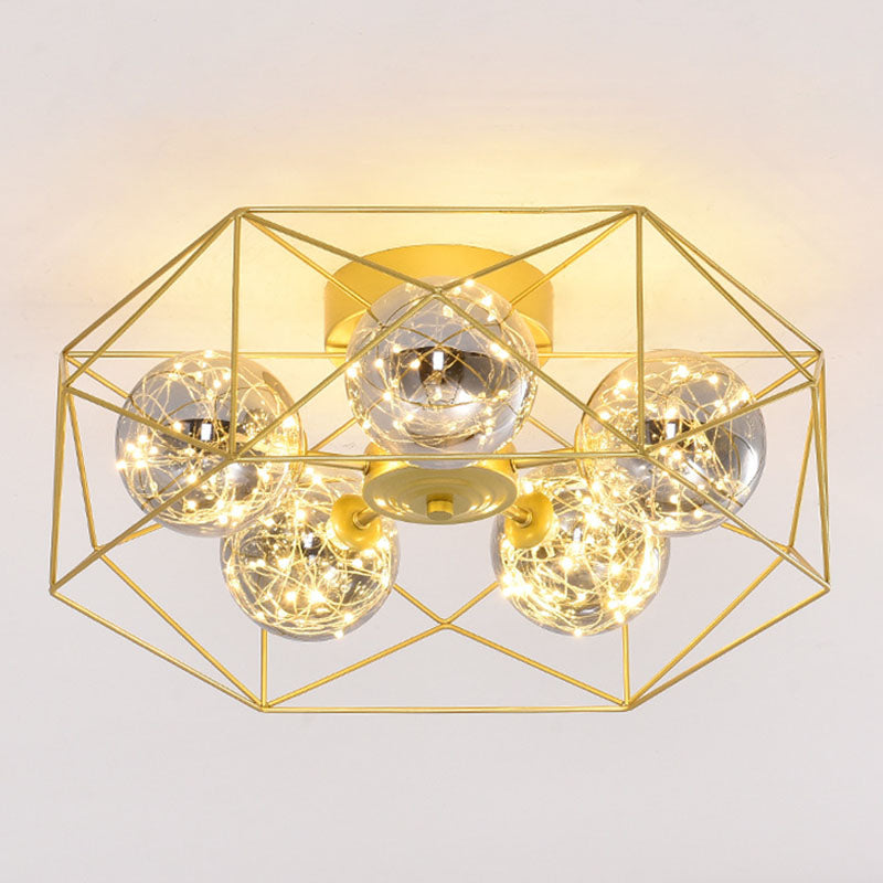 Smoke Grey Glass Orb Ceiling Fixture Simple 5 Heads Gold Semi Mount Lighting with Metal Hexagonal Cage Clearhalo 'Ceiling Lights' 'Close To Ceiling Lights' 'Close to ceiling' 'Semi-flushmount' Lighting' 2026100