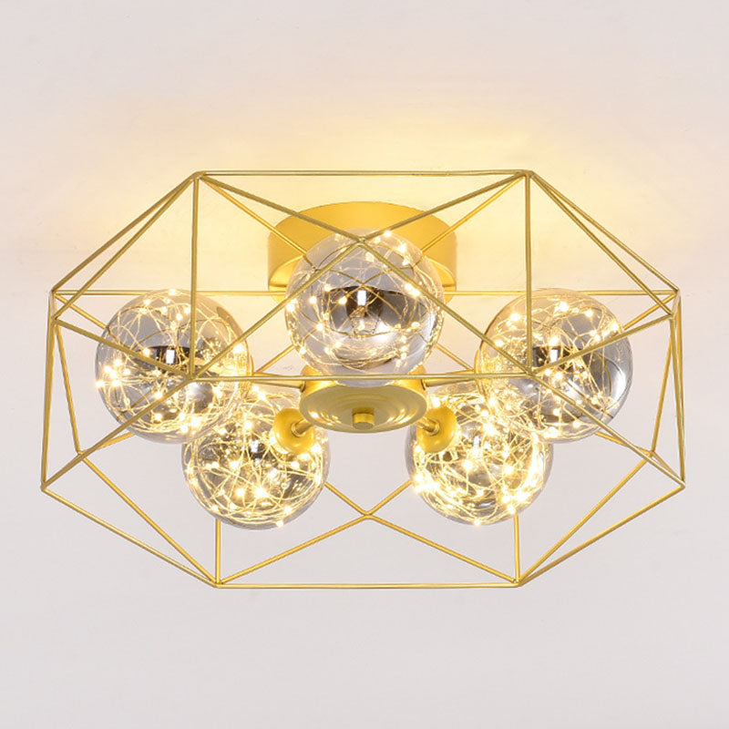Smoke Grey Glass Orb Ceiling Fixture Simple 5 Heads Gold Semi Mount Lighting with Metal Hexagonal Cage Clearhalo 'Ceiling Lights' 'Close To Ceiling Lights' 'Close to ceiling' 'Semi-flushmount' Lighting' 2026100
