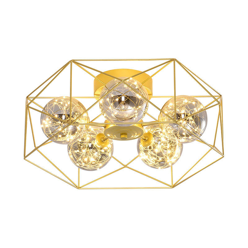 Smoke Grey Glass Orb Ceiling Fixture Simple 5 Heads Gold Semi Mount Lighting with Metal Hexagonal Cage Clearhalo 'Ceiling Lights' 'Close To Ceiling Lights' 'Close to ceiling' 'Semi-flushmount' Lighting' 2026101