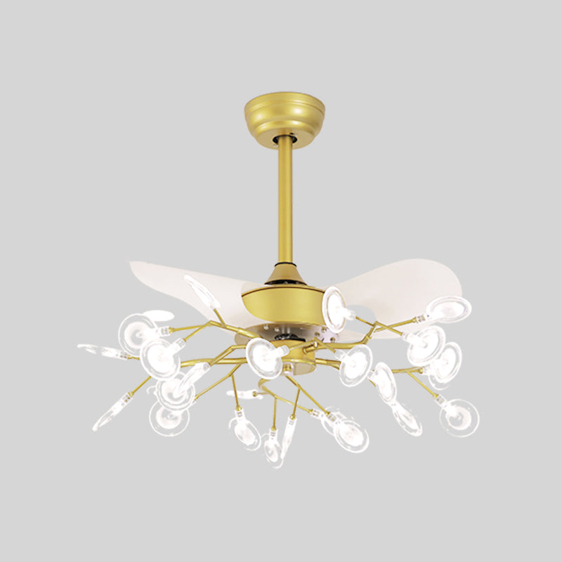 39.5" Wide Simple Branching Pendant Fan Light Acrylic Living Room LED Semi Mount Lighting with 3 Blades 25.0 Gold Clearhalo 'Ceiling Fans with Lights' 'Ceiling Fans' 'Modern Ceiling Fans' 'Modern' Lighting' 2026509