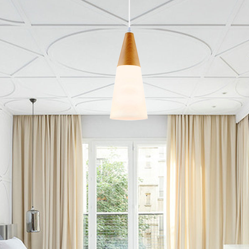 Cone Milk Glass Suspension Pendant Modern 1 Light 5"/7.5"/10.5" Wide Natural Wood Hanging Light Fixture Wood 5" Clearhalo 'Ceiling Lights' 'Glass shade' 'Glass' 'Modern Pendants' 'Modern' 'Pendant Lights' 'Pendants' Lighting' 202656