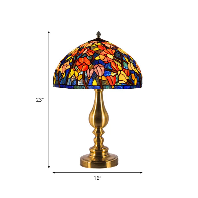 Tiffany Glass Brass Table Lamp Domed 1 Light Classic Night Lighting with Magnolia Pattern Clearhalo 'Lamps' 'Table Lamps' Lighting' 2026570