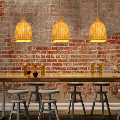 Hand Made Bamboo Bucket Hanging Lamp Rustic Single Bulb Pendant Light Fixture in Beige Beige Clearhalo 'Ceiling Lights' 'Pendant Lights' 'Pendants' Lighting' 202810_e34cc4f2-043a-4536-ab24-42b9f2e221a6