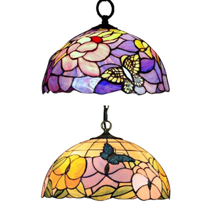 Butterfly Suspension Lamp Baroque 1 Head Yellow/Purple Stained Art Glass Ceiling Hanging Light, 12"/16" Wide Clearhalo 'Ceiling Lights' 'Close To Ceiling Lights' 'Industrial' 'Middle Century Pendants' 'Pendant Lights' 'Pendants' 'Tiffany close to ceiling' 'Tiffany Pendants' 'Tiffany' Lighting' 20286