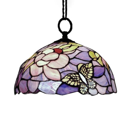 Butterfly Suspension Lamp Baroque 1 Head Yellow/Purple Stained Art Glass Ceiling Hanging Light, 12"/16" Wide Clearhalo 'Ceiling Lights' 'Close To Ceiling Lights' 'Industrial' 'Middle Century Pendants' 'Pendant Lights' 'Pendants' 'Tiffany close to ceiling' 'Tiffany Pendants' 'Tiffany' Lighting' 20288