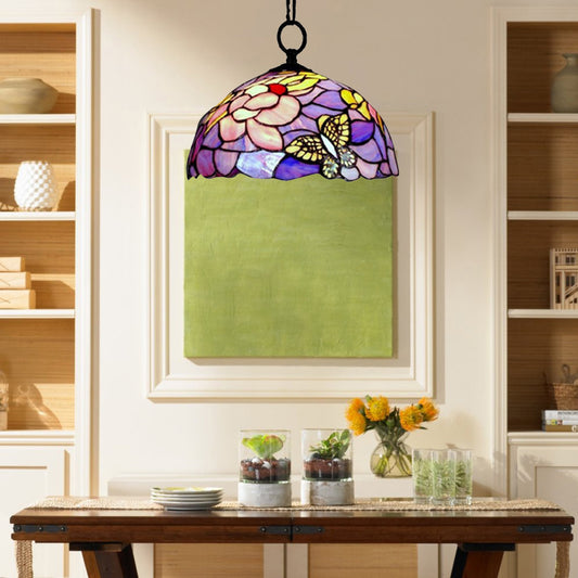 Butterfly Suspension Lamp Baroque 1 Head Yellow/Purple Stained Art Glass Ceiling Hanging Light, 12"/16" Wide Purple 12" Clearhalo 'Ceiling Lights' 'Close To Ceiling Lights' 'Industrial' 'Middle Century Pendants' 'Pendant Lights' 'Pendants' 'Tiffany close to ceiling' 'Tiffany Pendants' 'Tiffany' Lighting' 20289