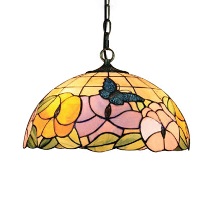 Butterfly Suspension Lamp Baroque 1 Head Yellow/Purple Stained Art Glass Ceiling Hanging Light, 12"/16" Wide Clearhalo 'Ceiling Lights' 'Close To Ceiling Lights' 'Industrial' 'Middle Century Pendants' 'Pendant Lights' 'Pendants' 'Tiffany close to ceiling' 'Tiffany Pendants' 'Tiffany' Lighting' 20290
