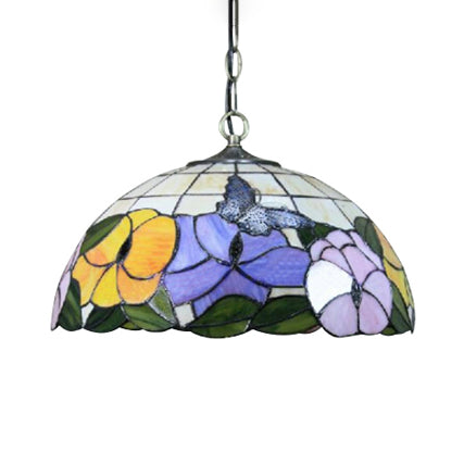 Butterfly Suspension Lamp Baroque 1 Head Yellow/Purple Stained Art Glass Ceiling Hanging Light, 12"/16" Wide Clearhalo 'Ceiling Lights' 'Close To Ceiling Lights' 'Industrial' 'Middle Century Pendants' 'Pendant Lights' 'Pendants' 'Tiffany close to ceiling' 'Tiffany Pendants' 'Tiffany' Lighting' 20291