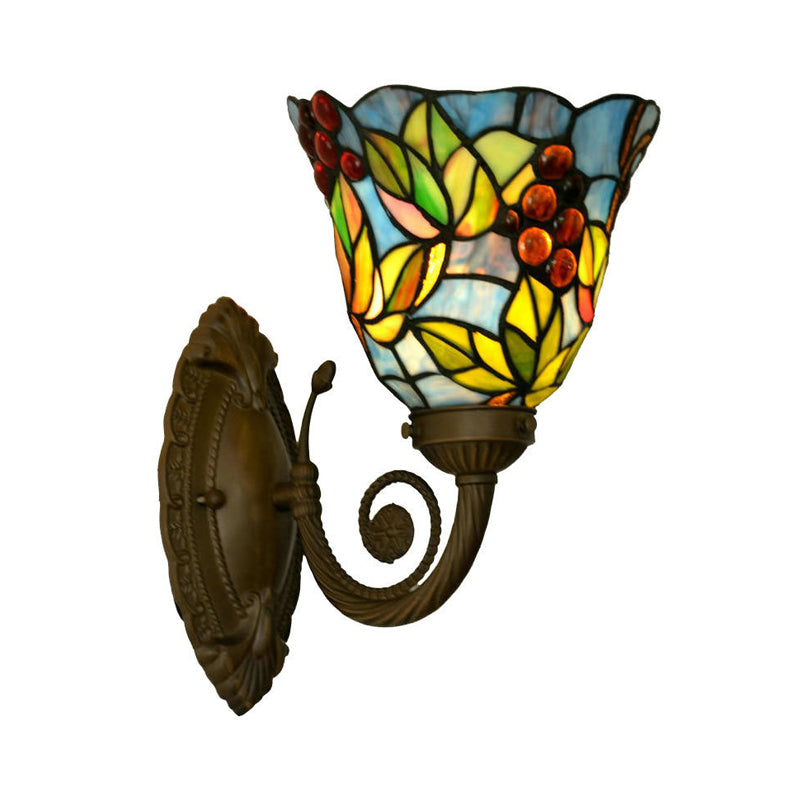 Bell Wall Sconce Light 1 Light Stained Glass Tiffany Style Wall Lighting Fixture with Grape Pattern in Bronze Bronze Clearhalo 'Art deco wall lights' 'Cast Iron' 'Glass' 'Industrial' 'Middle century wall lights' 'Modern' 'Tiffany wall lights' 'Tiffany' 'Traditional wall lights' 'Wall Lamps & Sconces' 'Wall Lights' Lighting' 2029109