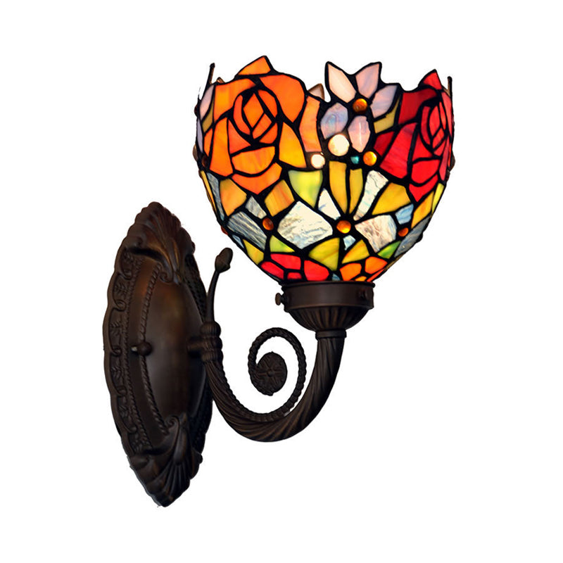 Bowl Wall Light Sconce Mediterranean Hand Cut Glass 1-Light Black Flower Patterned Wall Mounted Light Black Clearhalo 'Art deco wall lights' 'Cast Iron' 'Glass' 'Industrial' 'Middle century wall lights' 'Modern' 'Tiffany wall lights' 'Tiffany' 'Traditional wall lights' 'Wall Lamps & Sconces' 'Wall Lights' Lighting' 2029111