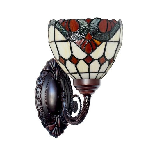 Baroque Grid Bowl Wall Lamp 1 Head Stained Art Glass Wall Light Fixture in Black Black Clearhalo 'Art deco wall lights' 'Cast Iron' 'Glass' 'Industrial' 'Middle century wall lights' 'Modern' 'Tiffany wall lights' 'Tiffany' 'Traditional wall lights' 'Wall Lamps & Sconces' 'Wall Lights' Lighting' 2029113