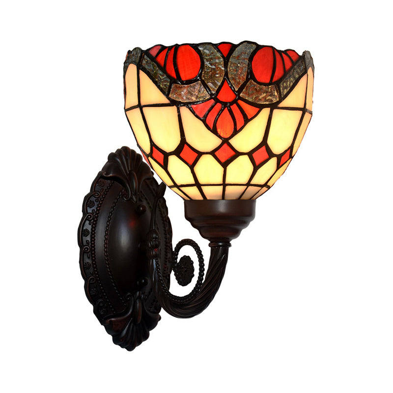 Baroque Grid Bowl Wall Lamp 1 Head Stained Art Glass Wall Light Fixture in Black Clearhalo 'Art deco wall lights' 'Cast Iron' 'Glass' 'Industrial' 'Middle century wall lights' 'Modern' 'Tiffany wall lights' 'Tiffany' 'Traditional wall lights' 'Wall Lamps & Sconces' 'Wall Lights' Lighting' 2029114