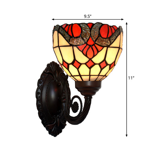 Baroque Grid Bowl Wall Lamp 1 Head Stained Art Glass Wall Light Fixture in Black Clearhalo 'Art deco wall lights' 'Cast Iron' 'Glass' 'Industrial' 'Middle century wall lights' 'Modern' 'Tiffany wall lights' 'Tiffany' 'Traditional wall lights' 'Wall Lamps & Sconces' 'Wall Lights' Lighting' 2029115