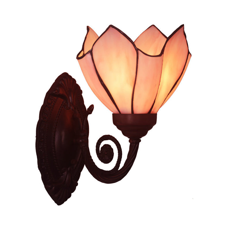 Hand Cut Glass Floral Wall Lighting Mediterranean 1 Bulb Black Wall Mounted Lamp with Curved Arm Pink Up Clearhalo 'Art deco wall lights' 'Cast Iron' 'Glass' 'Industrial' 'Middle century wall lights' 'Modern' 'Tiffany wall lights' 'Tiffany' 'Traditional wall lights' 'Wall Lamps & Sconces' 'Wall Lights' Lighting' 2029116