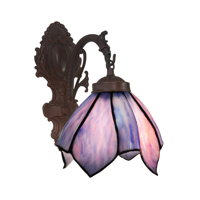 Hand Cut Glass Floral Wall Lighting Mediterranean 1 Bulb Black Wall Mounted Lamp with Curved Arm Purple Down Clearhalo 'Art deco wall lights' 'Cast Iron' 'Glass' 'Industrial' 'Middle century wall lights' 'Modern' 'Tiffany wall lights' 'Tiffany' 'Traditional wall lights' 'Wall Lamps & Sconces' 'Wall Lights' Lighting' 2029123