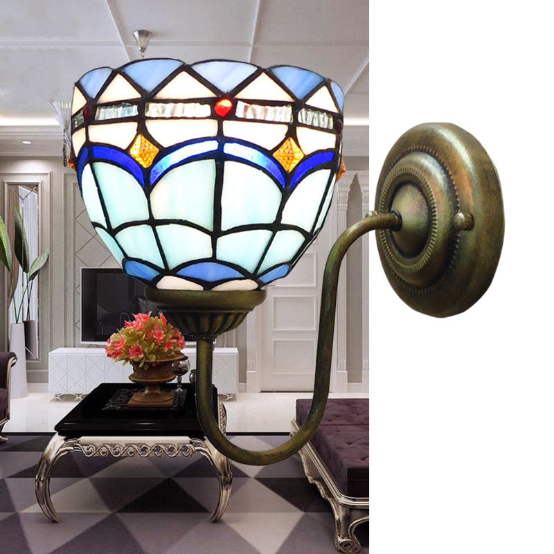 Blue Dome Wall Light Fixture Baroque 1 Head Stained Glass Wall Lighting Ideas with Curved Arm Brass 8" Clearhalo 'Art deco wall lights' 'Cast Iron' 'Glass' 'Industrial' 'Middle century wall lights' 'Modern' 'Tiffany wall lights' 'Tiffany' 'Traditional wall lights' 'Wall Lamps & Sconces' 'Wall Lights' Lighting' 2029124