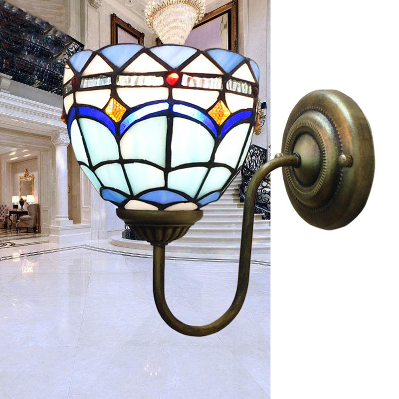 Blue Dome Wall Light Fixture Baroque 1 Head Stained Glass Wall Lighting Ideas with Curved Arm Clearhalo 'Art deco wall lights' 'Cast Iron' 'Glass' 'Industrial' 'Middle century wall lights' 'Modern' 'Tiffany wall lights' 'Tiffany' 'Traditional wall lights' 'Wall Lamps & Sconces' 'Wall Lights' Lighting' 2029125