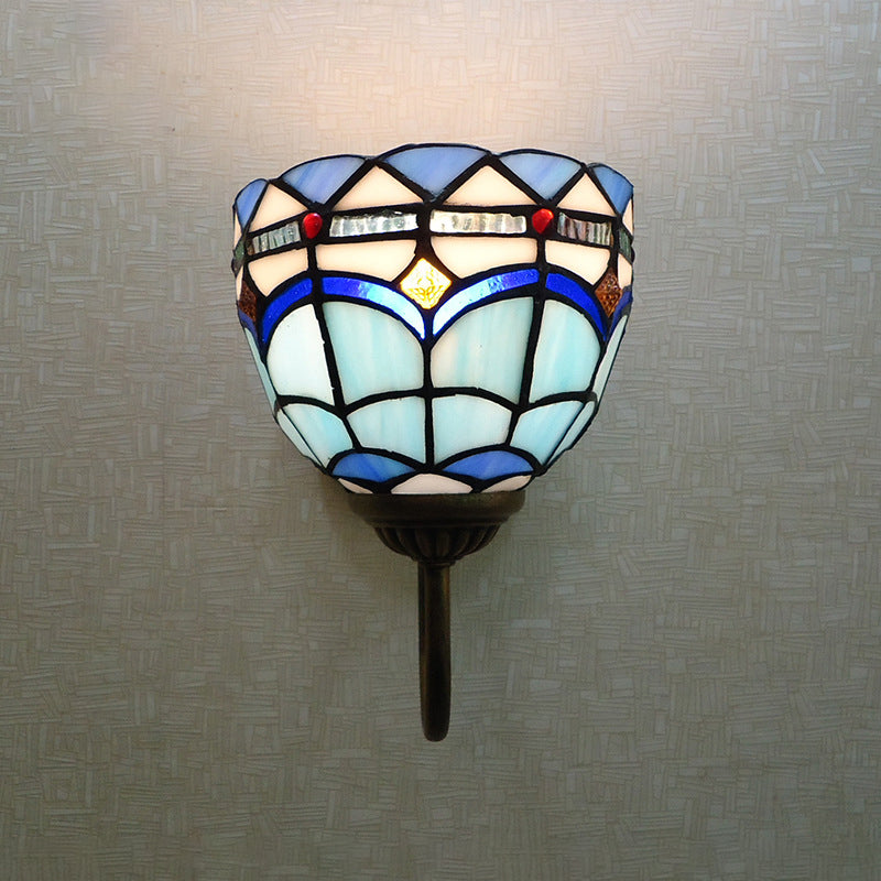 Blue Dome Wall Light Fixture Baroque 1 Head Stained Glass Wall Lighting Ideas with Curved Arm Clearhalo 'Art deco wall lights' 'Cast Iron' 'Glass' 'Industrial' 'Middle century wall lights' 'Modern' 'Tiffany wall lights' 'Tiffany' 'Traditional wall lights' 'Wall Lamps & Sconces' 'Wall Lights' Lighting' 2029126