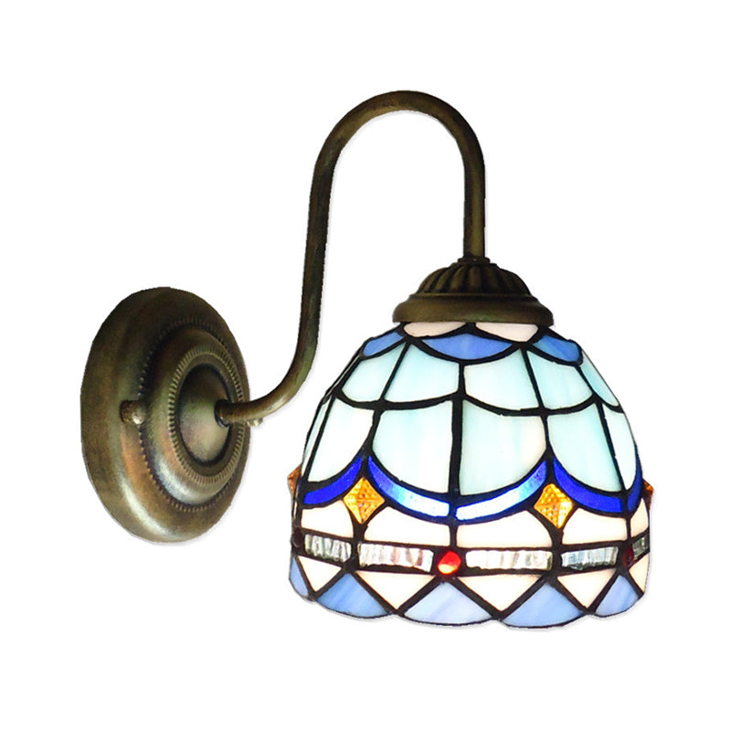 Blue Dome Wall Light Fixture Baroque 1 Head Stained Glass Wall Lighting Ideas with Curved Arm Clearhalo 'Art deco wall lights' 'Cast Iron' 'Glass' 'Industrial' 'Middle century wall lights' 'Modern' 'Tiffany wall lights' 'Tiffany' 'Traditional wall lights' 'Wall Lamps & Sconces' 'Wall Lights' Lighting' 2029127