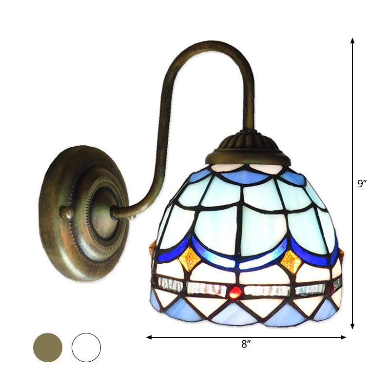 Blue Dome Wall Light Fixture Baroque 1 Head Stained Glass Wall Lighting Ideas with Curved Arm Clearhalo 'Art deco wall lights' 'Cast Iron' 'Glass' 'Industrial' 'Middle century wall lights' 'Modern' 'Tiffany wall lights' 'Tiffany' 'Traditional wall lights' 'Wall Lamps & Sconces' 'Wall Lights' Lighting' 2029128