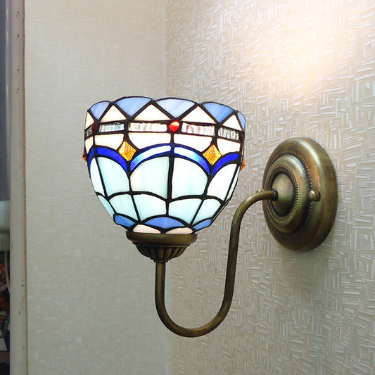 Blue Dome Wall Light Fixture Baroque 1 Head Stained Glass Wall Lighting Ideas with Curved Arm Brass 6" Clearhalo 'Art deco wall lights' 'Cast Iron' 'Glass' 'Industrial' 'Middle century wall lights' 'Modern' 'Tiffany wall lights' 'Tiffany' 'Traditional wall lights' 'Wall Lamps & Sconces' 'Wall Lights' Lighting' 2029129