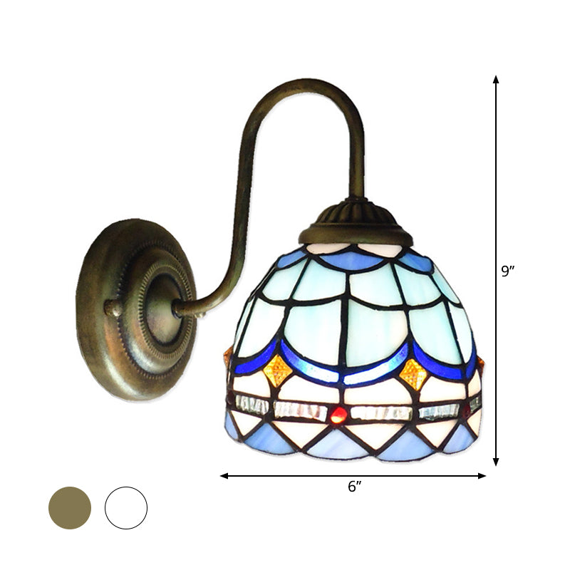 Blue Dome Wall Light Fixture Baroque 1 Head Stained Glass Wall Lighting Ideas with Curved Arm Clearhalo 'Art deco wall lights' 'Cast Iron' 'Glass' 'Industrial' 'Middle century wall lights' 'Modern' 'Tiffany wall lights' 'Tiffany' 'Traditional wall lights' 'Wall Lamps & Sconces' 'Wall Lights' Lighting' 2029130