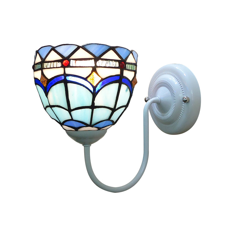 Blue Dome Wall Light Fixture Baroque 1 Head Stained Glass Wall Lighting Ideas with Curved Arm White 8" Clearhalo 'Art deco wall lights' 'Cast Iron' 'Glass' 'Industrial' 'Middle century wall lights' 'Modern' 'Tiffany wall lights' 'Tiffany' 'Traditional wall lights' 'Wall Lamps & Sconces' 'Wall Lights' Lighting' 2029132