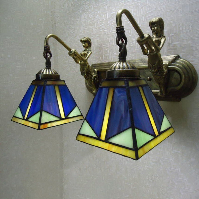 Trapezoid Wall Mount Light Fixture Tiffany Bronze Cut Glass Wall Lighting with Mermaid Arm 2.0 Bronze Clearhalo 'Art deco wall lights' 'Cast Iron' 'Glass' 'Industrial' 'Middle century wall lights' 'Modern' 'Tiffany wall lights' 'Tiffany' 'Traditional wall lights' 'Wall Lamps & Sconces' 'Wall Lights' Lighting' 2029133
