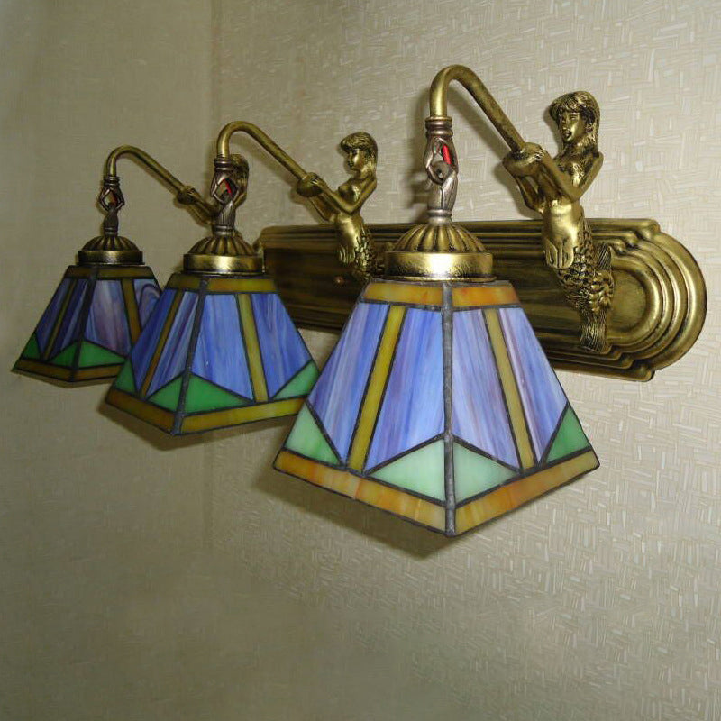Trapezoid Wall Mount Light Fixture Tiffany Bronze Cut Glass Wall Lighting with Mermaid Arm Clearhalo 'Art deco wall lights' 'Cast Iron' 'Glass' 'Industrial' 'Middle century wall lights' 'Modern' 'Tiffany wall lights' 'Tiffany' 'Traditional wall lights' 'Wall Lamps & Sconces' 'Wall Lights' Lighting' 2029138