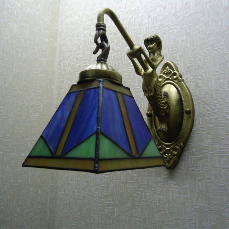 Trapezoid Wall Mount Light Fixture Tiffany Bronze Cut Glass Wall Lighting with Mermaid Arm Clearhalo 'Art deco wall lights' 'Cast Iron' 'Glass' 'Industrial' 'Middle century wall lights' 'Modern' 'Tiffany wall lights' 'Tiffany' 'Traditional wall lights' 'Wall Lamps & Sconces' 'Wall Lights' Lighting' 2029142